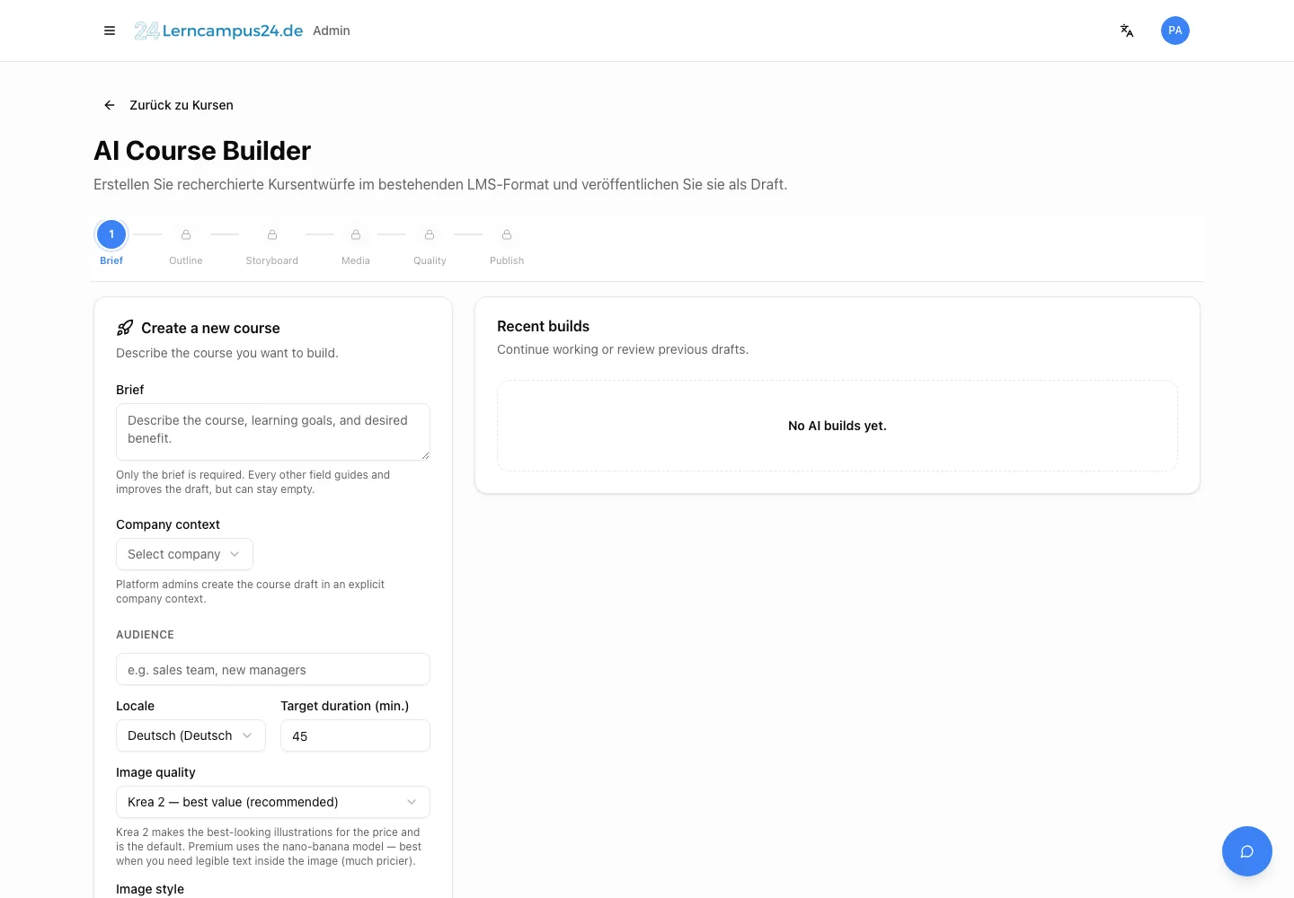 LernCampus24 KI-Kursbuilder mit Schritten von Brief bis Veröffentlichung